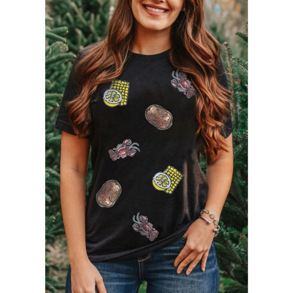 Sequin Crawfish Boil Tee – Corn, Potato & Crawfish Sparkle